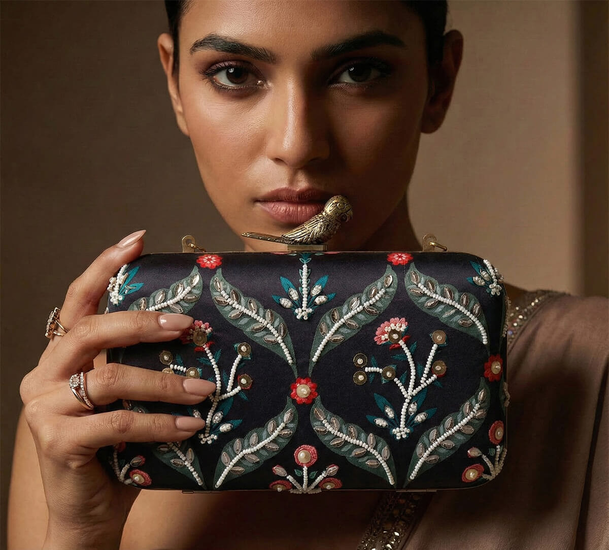 India Circus by Krsnaa Mehta Iron Blooming Dahlia Embroided Clutch