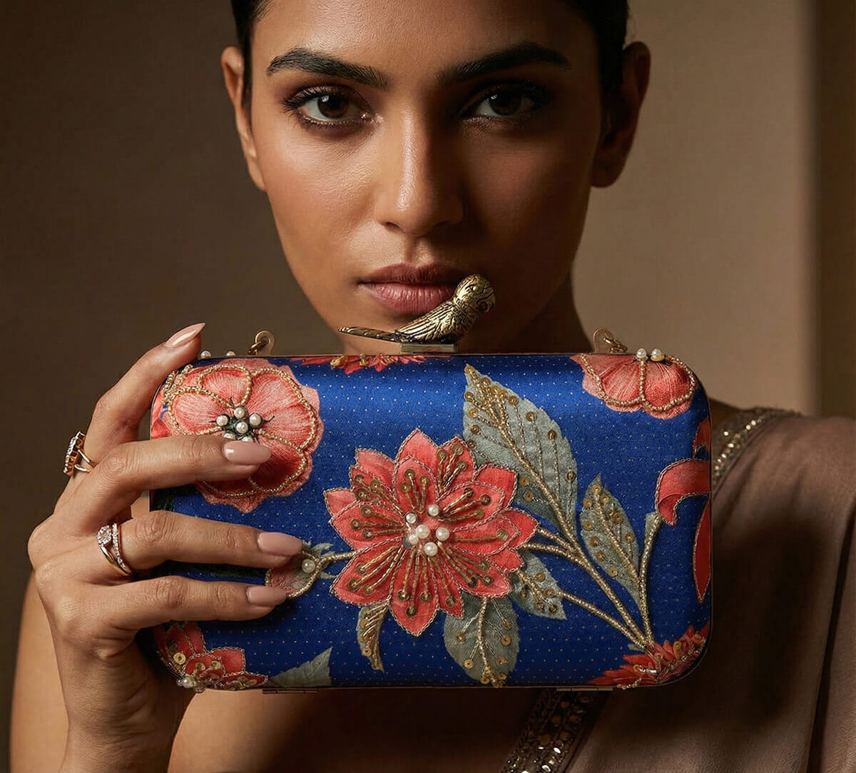 India Circus by Krsnaa Mehta Red Blooms Embroided Clutch