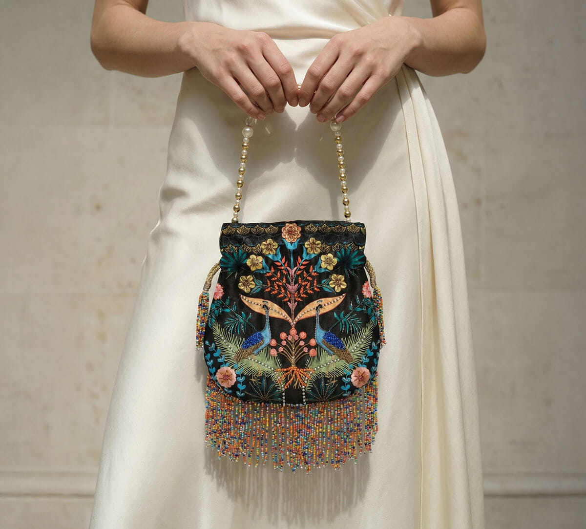 India Circus by Krsnaa Mehta Peacock Heavenly Kingdom Embroided Potli Bag