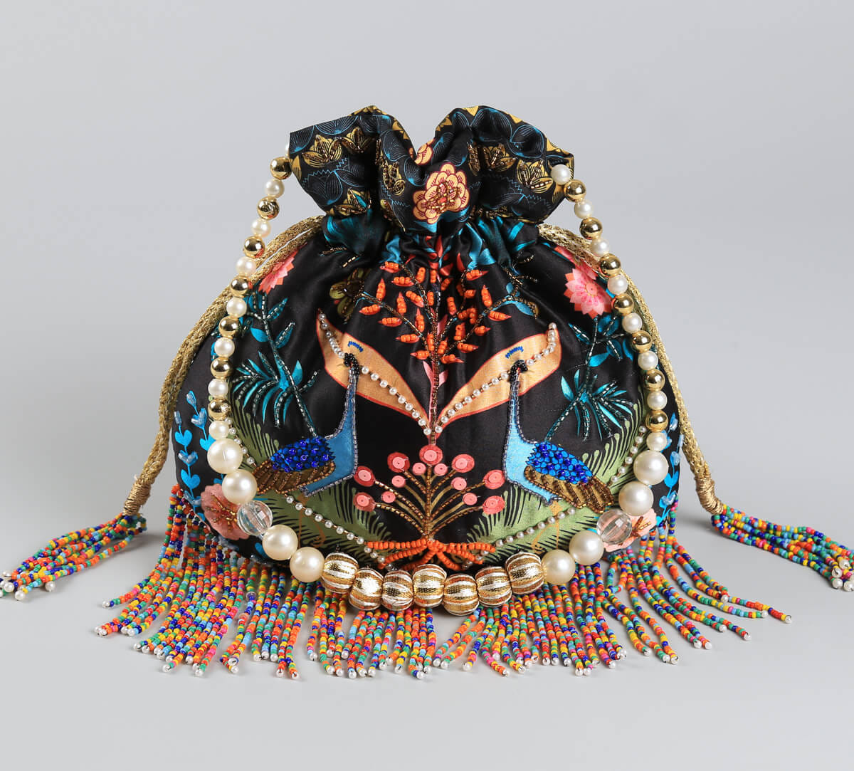 India Circus by Krsnaa Mehta Peacock Heavenly Kingdom Embroided Potli Bag