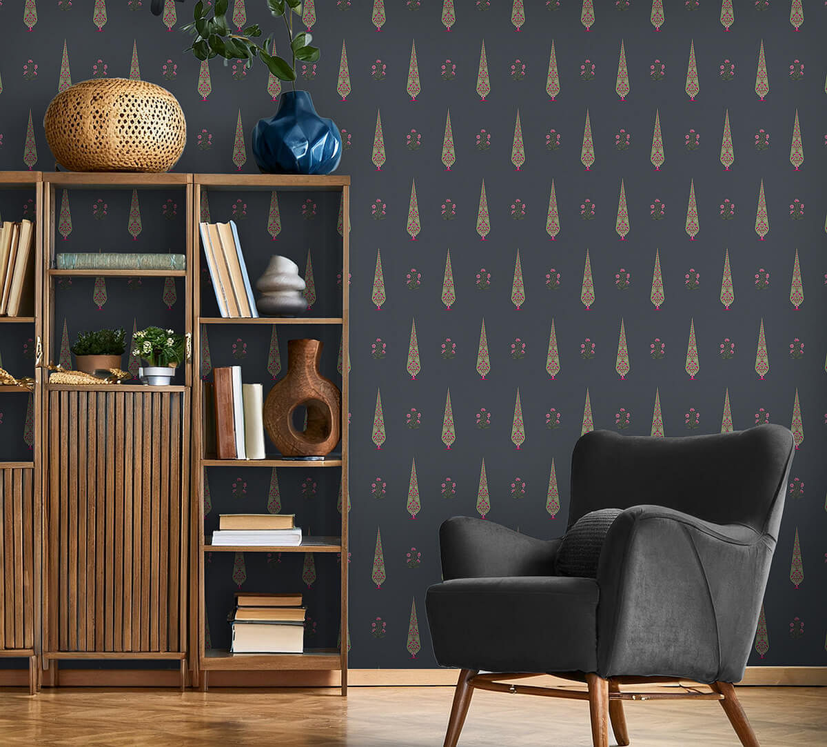 India Circus by Krsnaa Mehta Poppy Conifer Indigo Wallpaper