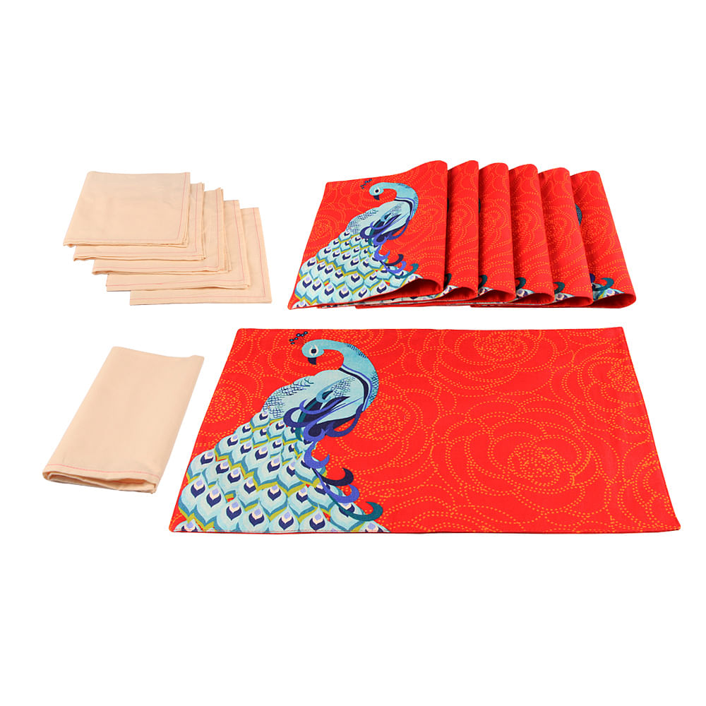Floral Peacock Dance Table Mat and Napkin(Set of 6)