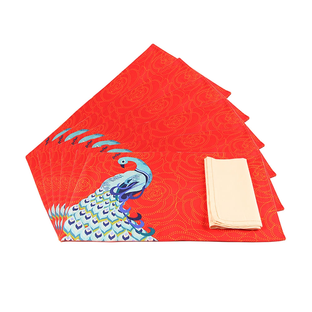 Floral Peacock Dance Table Mat and Napkin(Set of 6)