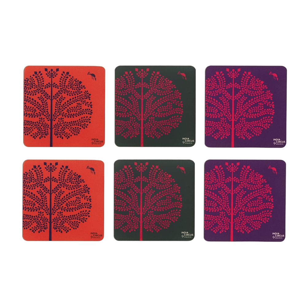 Purple Tree Warli Rubber Coasters - (Set of 6)