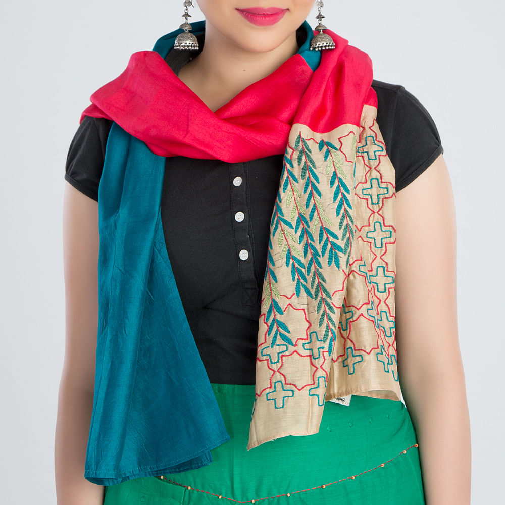 Blue Pink Embroidered Silk Stole