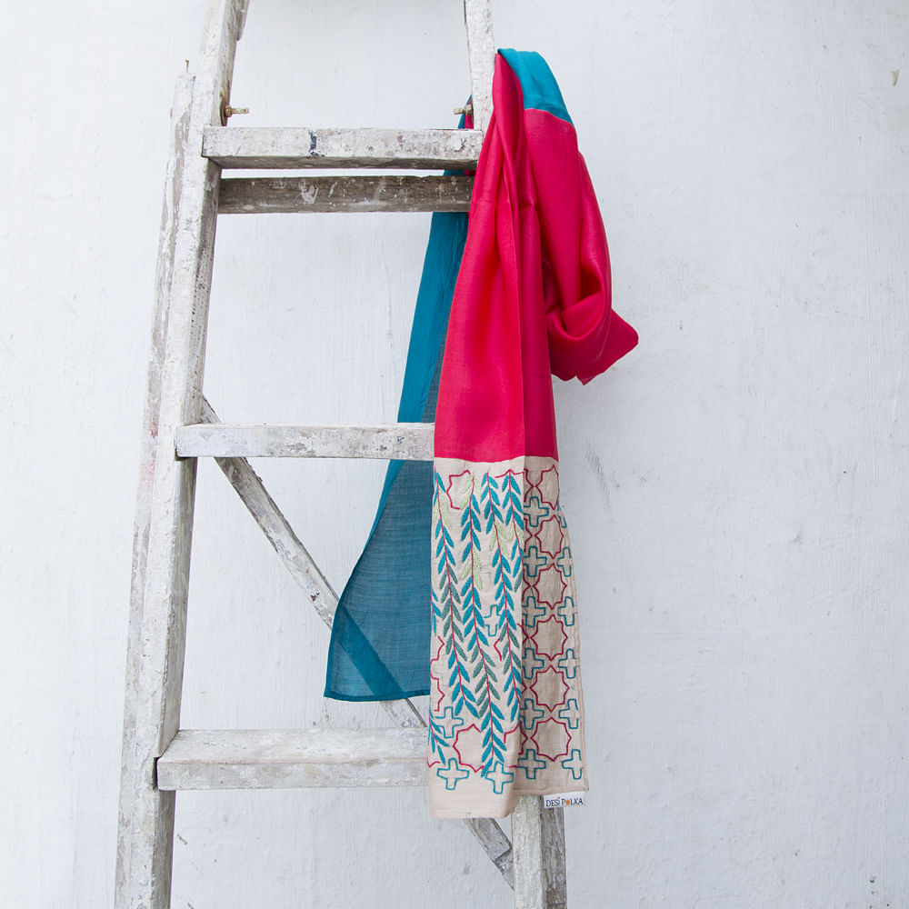 Blue Pink Embroidered Silk Stole
