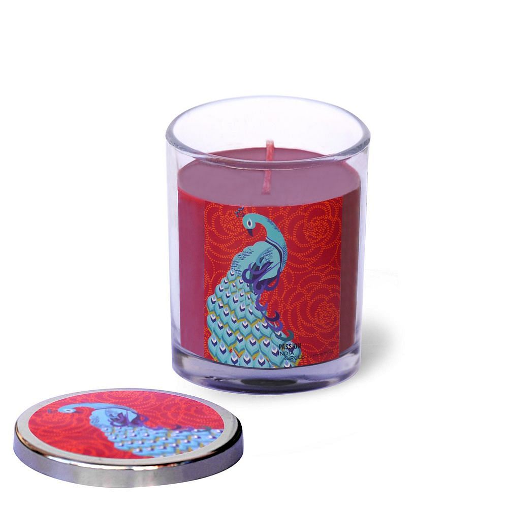 Floral Peacock Dance Glass Candle with Steel lid - Passion Scented