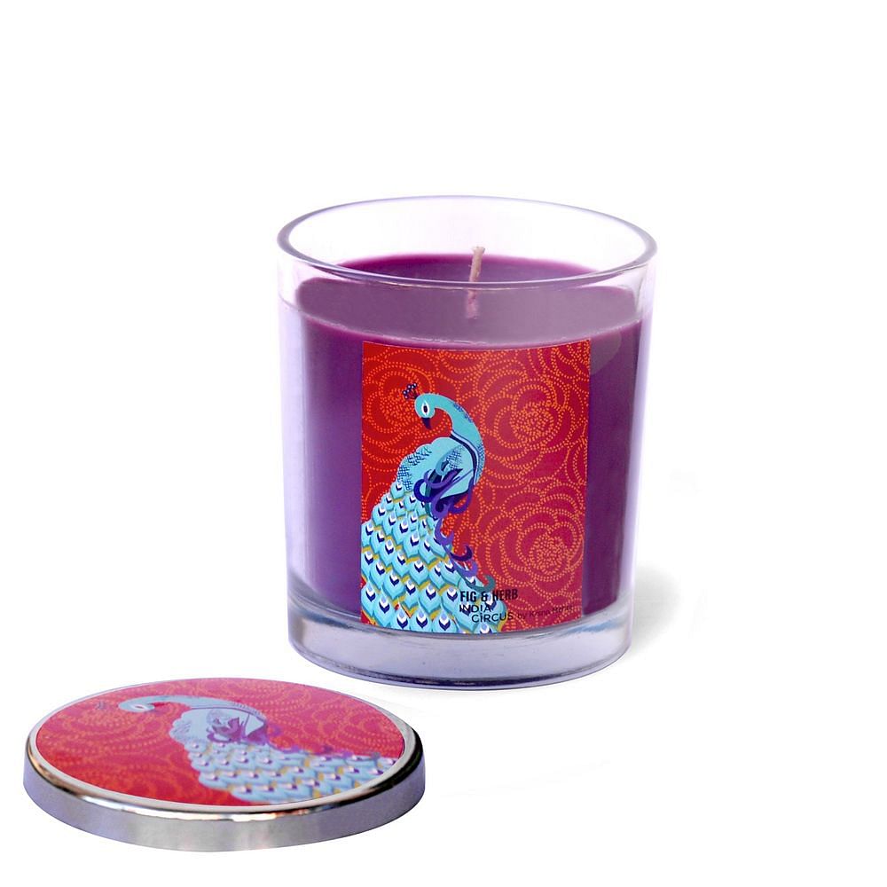 Floral Peacock Dance Glass Candle with Steel lid - Fig and Herb Scented