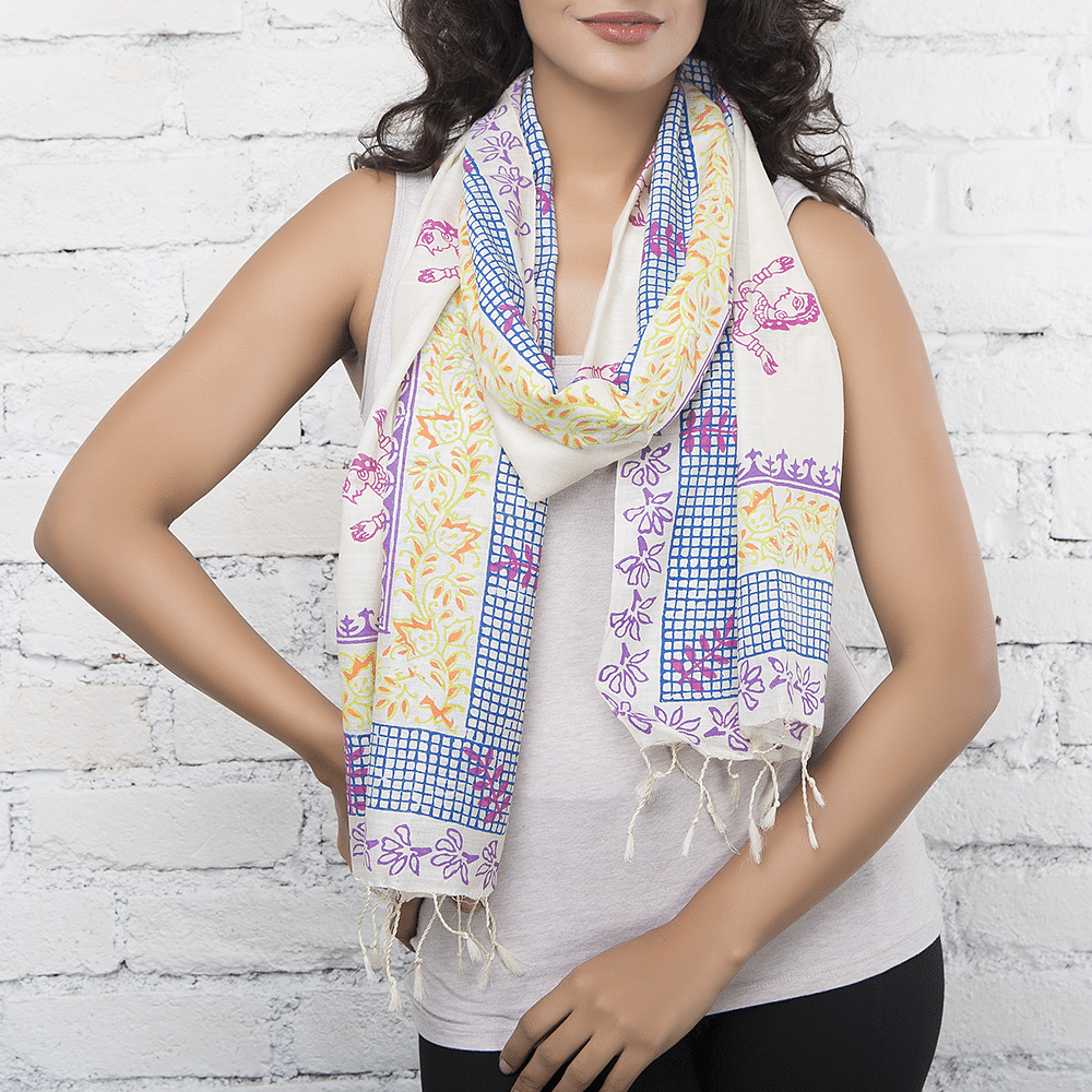 Purple Tussar Silk Handblock printed Stole