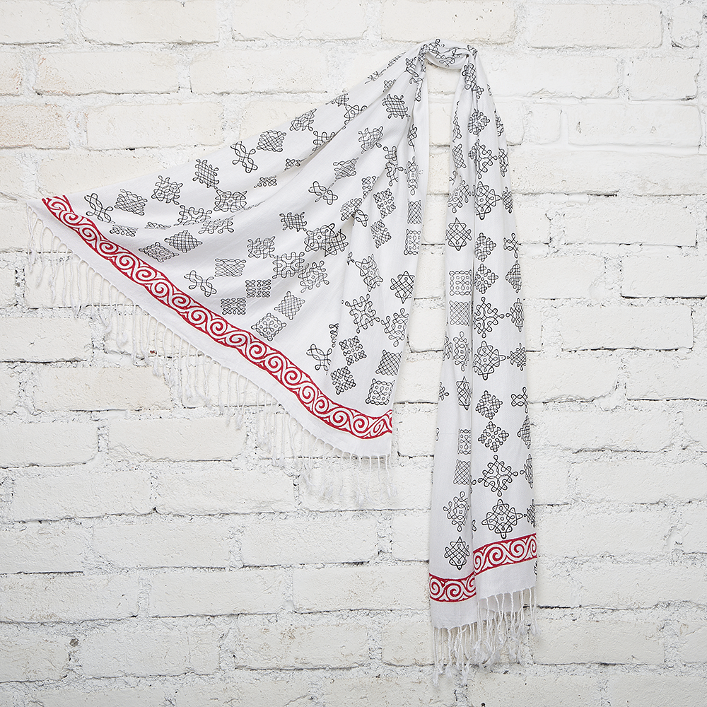 Red & White Kolam Blockprinted Cotton Stole