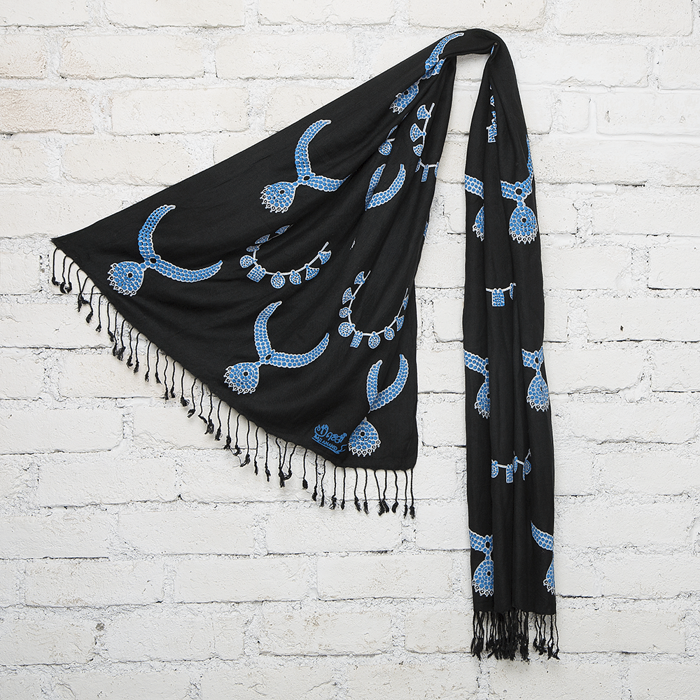 Black & Blue Temple Jewelry Bockprinted Cotton Stole