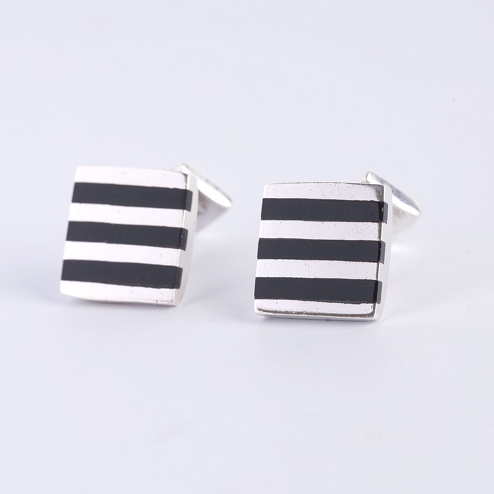 Silver Black Striped Cufflinks