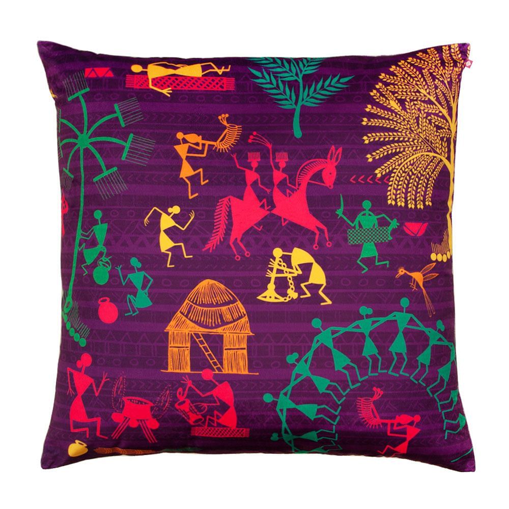Warli Village Poly Velvet Floor Cushion Cover
