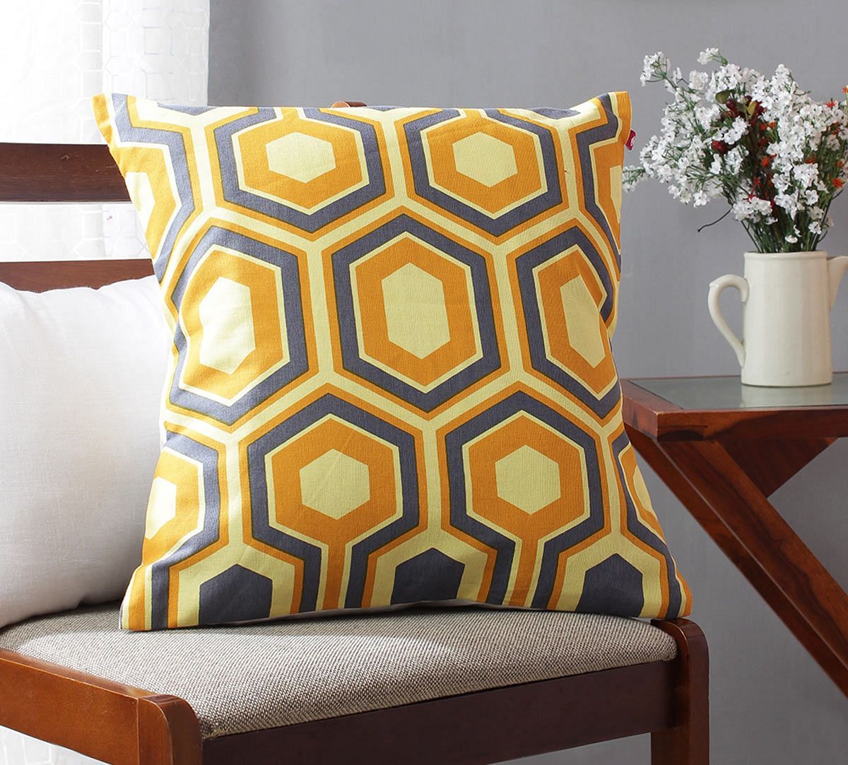 India Circus Prismatic Hexagons Lemon Cotton Cushion Cover