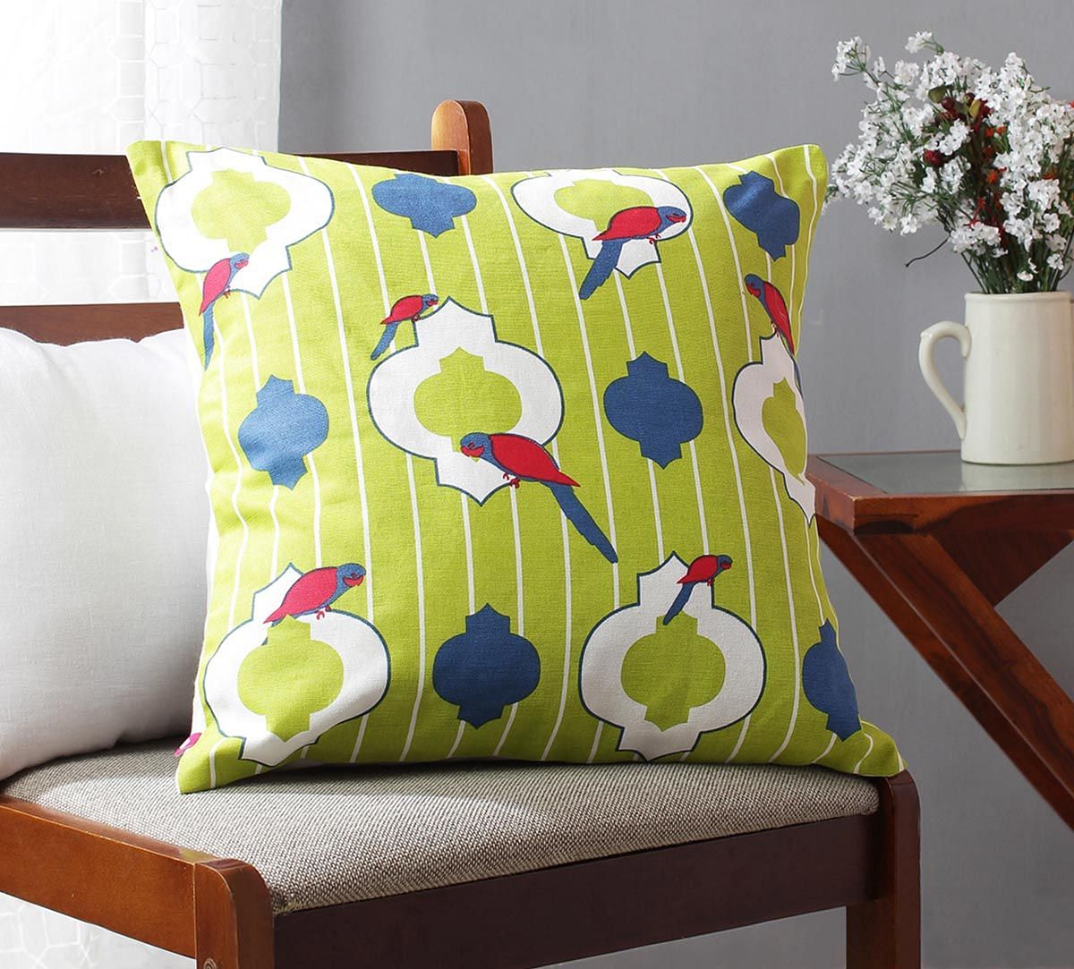India Circus Peeking Parrots Green Cotton Cushion Cover