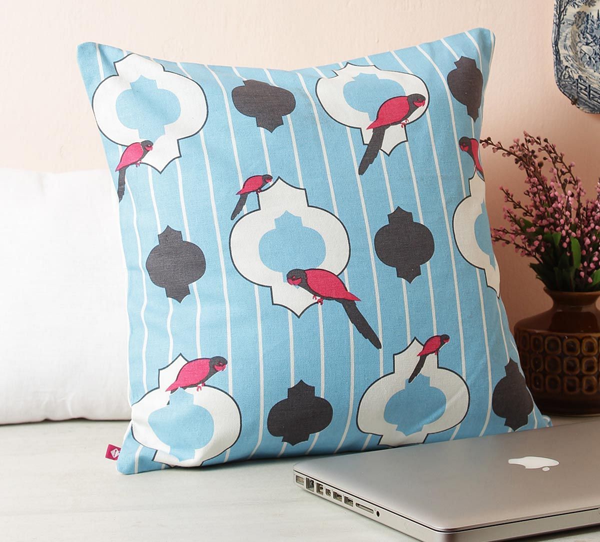 India Circus Peeking Parrots Turquoise Cotton Cushion Cover
