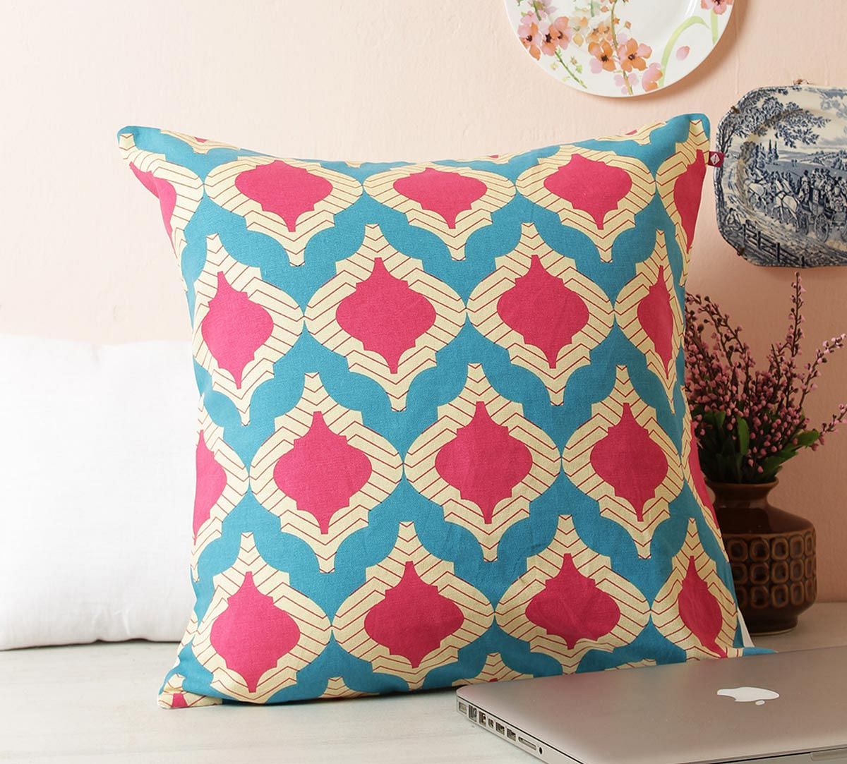 India Circus Lattice Practice Turquoise Blue Cotton Cushion Cover