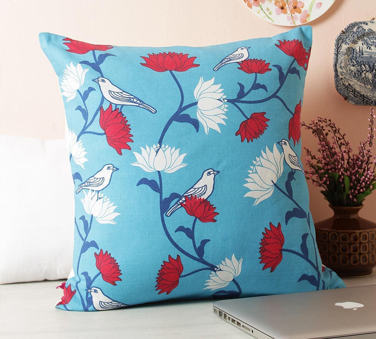 India Circus Yield of Divinity Blue Cotton Cushion Cover