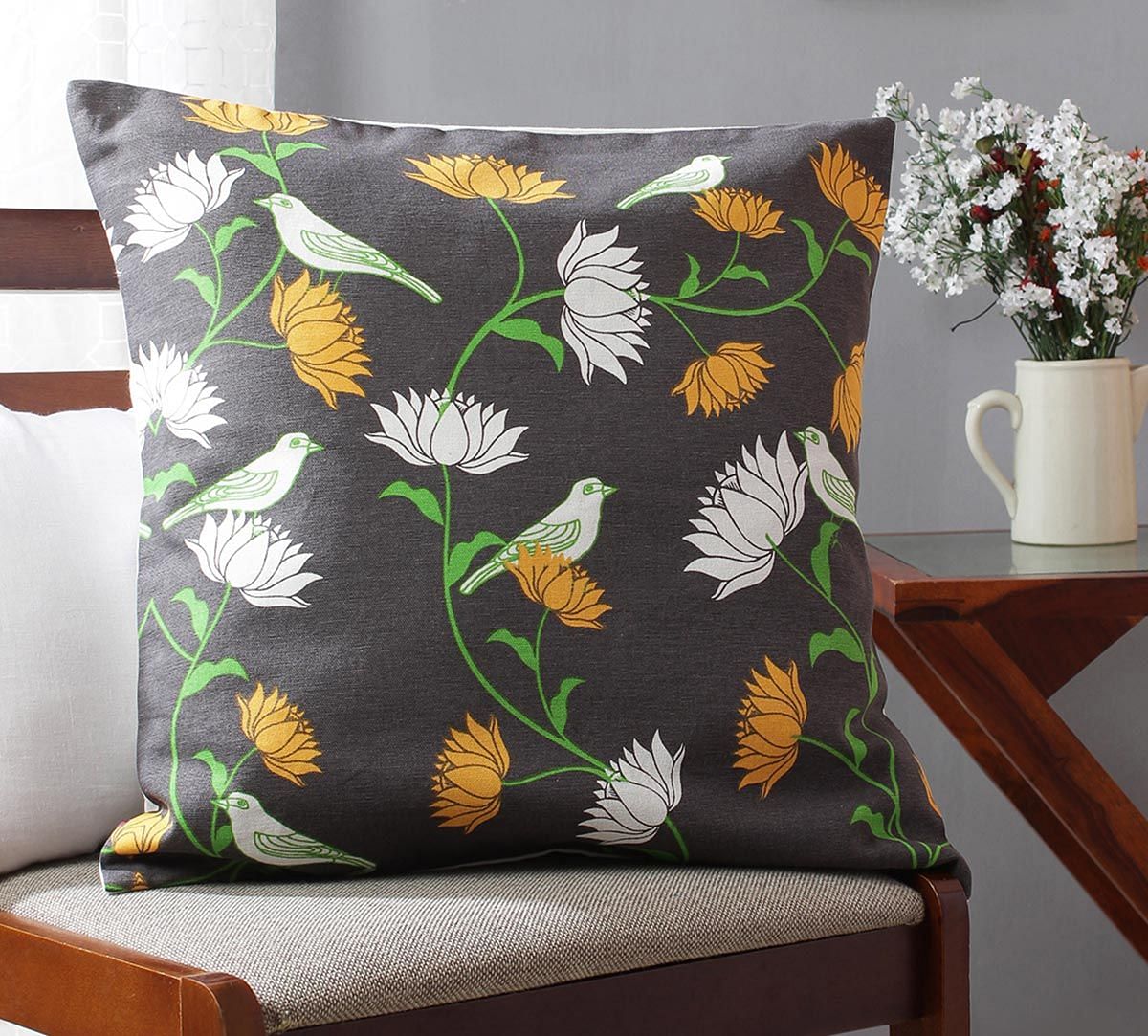 India Circus Yield of Divinity Grey Cotton Cushion Cover
