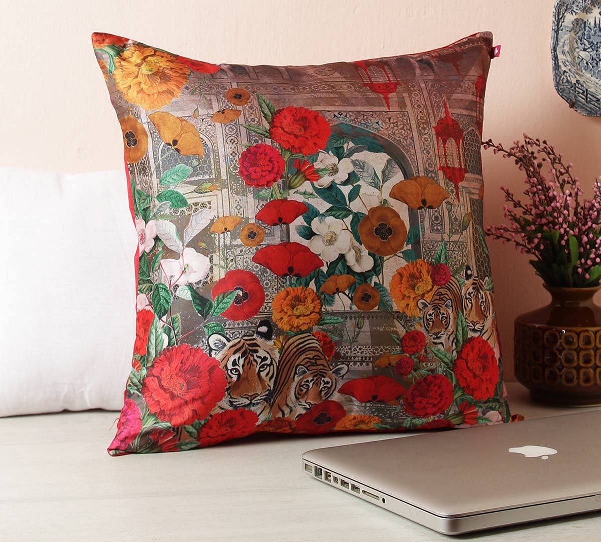 India Circus Tiger Hiding in the Floral Burst Blended Taf Silk Cushion Cover