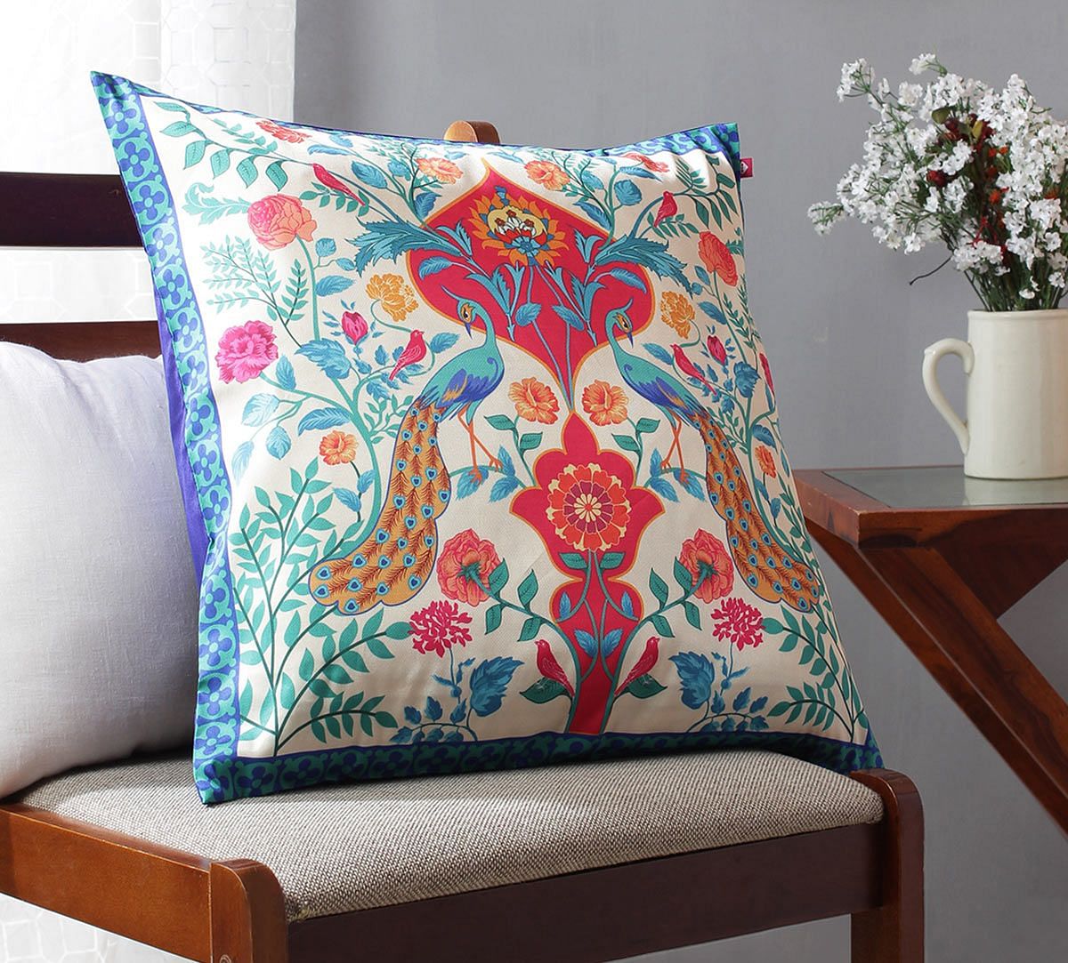 India Circus The Bright Birds and Floral Burst Blended Taf Silk Cushion Cover