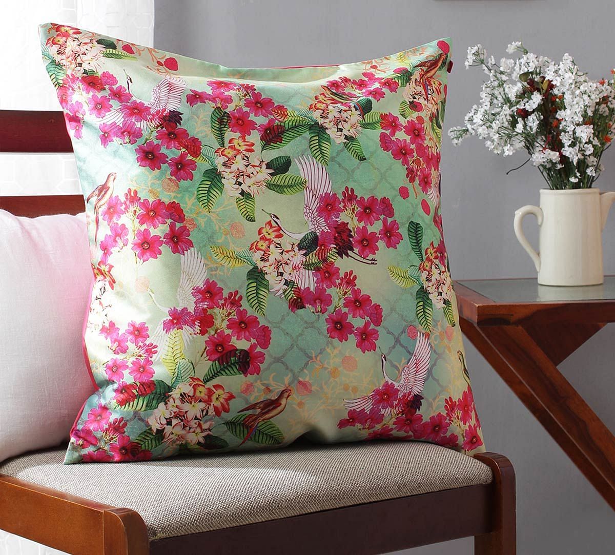 India Circus Birds Floral Paradise Blended Taf Silk Cushion Cover