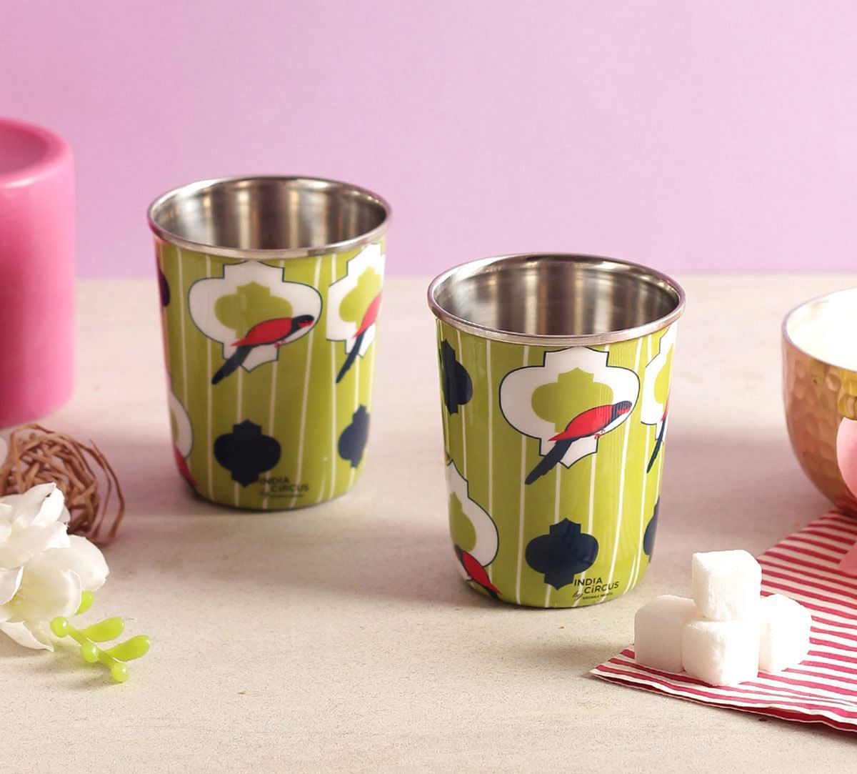 India Circus Peeking Parrots Steel Tumblers Set of 2