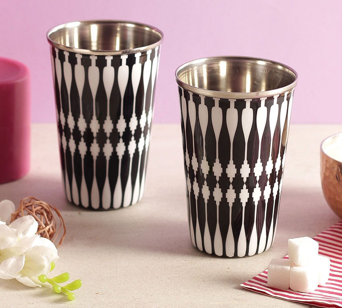 India Circus Monochrome Bowling Pin Steel Tumbler Set of 2