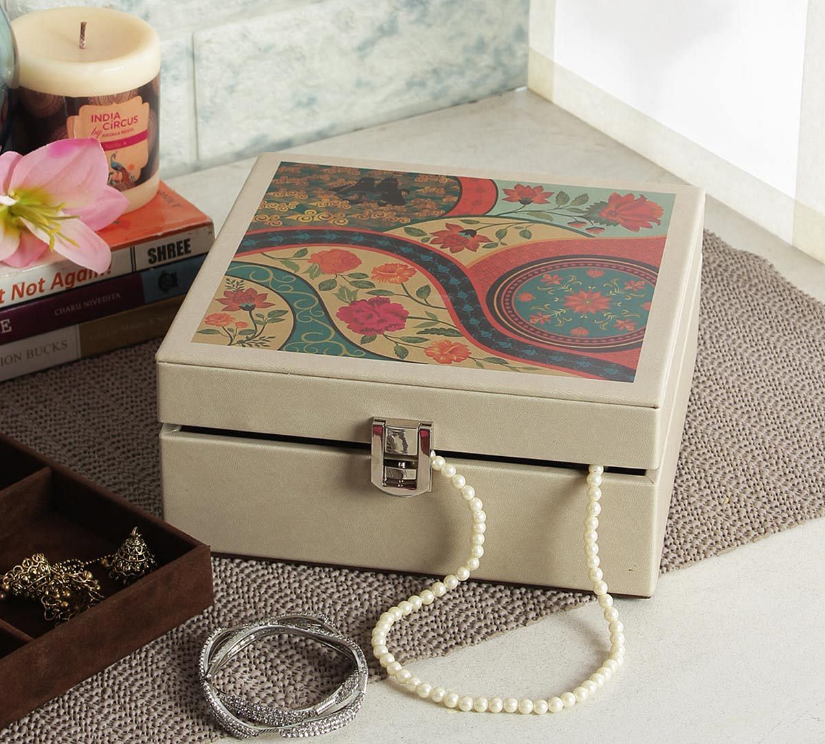 India Circus Floral Embroidery Leather Jewellery Box