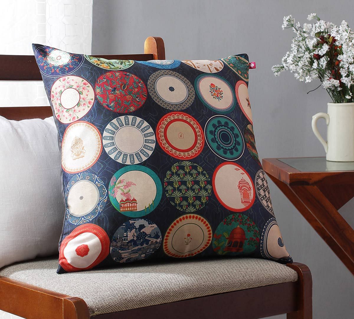 India Circus Platter Portrayal Blended Taf Silk Cushion Cover