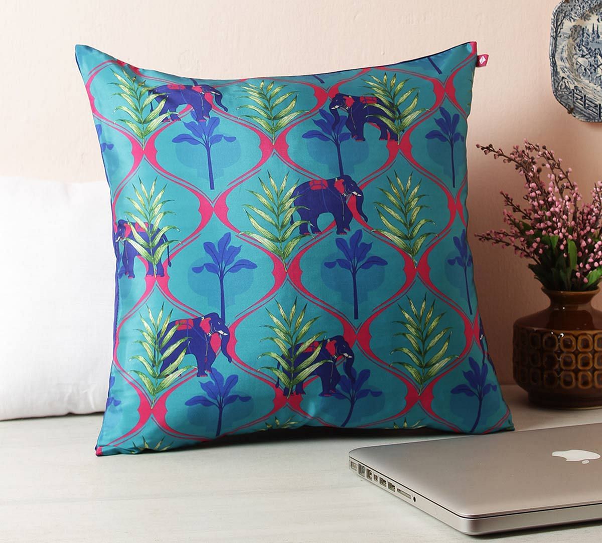 India Circus Aqua Jungle Safari Blended Taf Silk Cushion Cover
