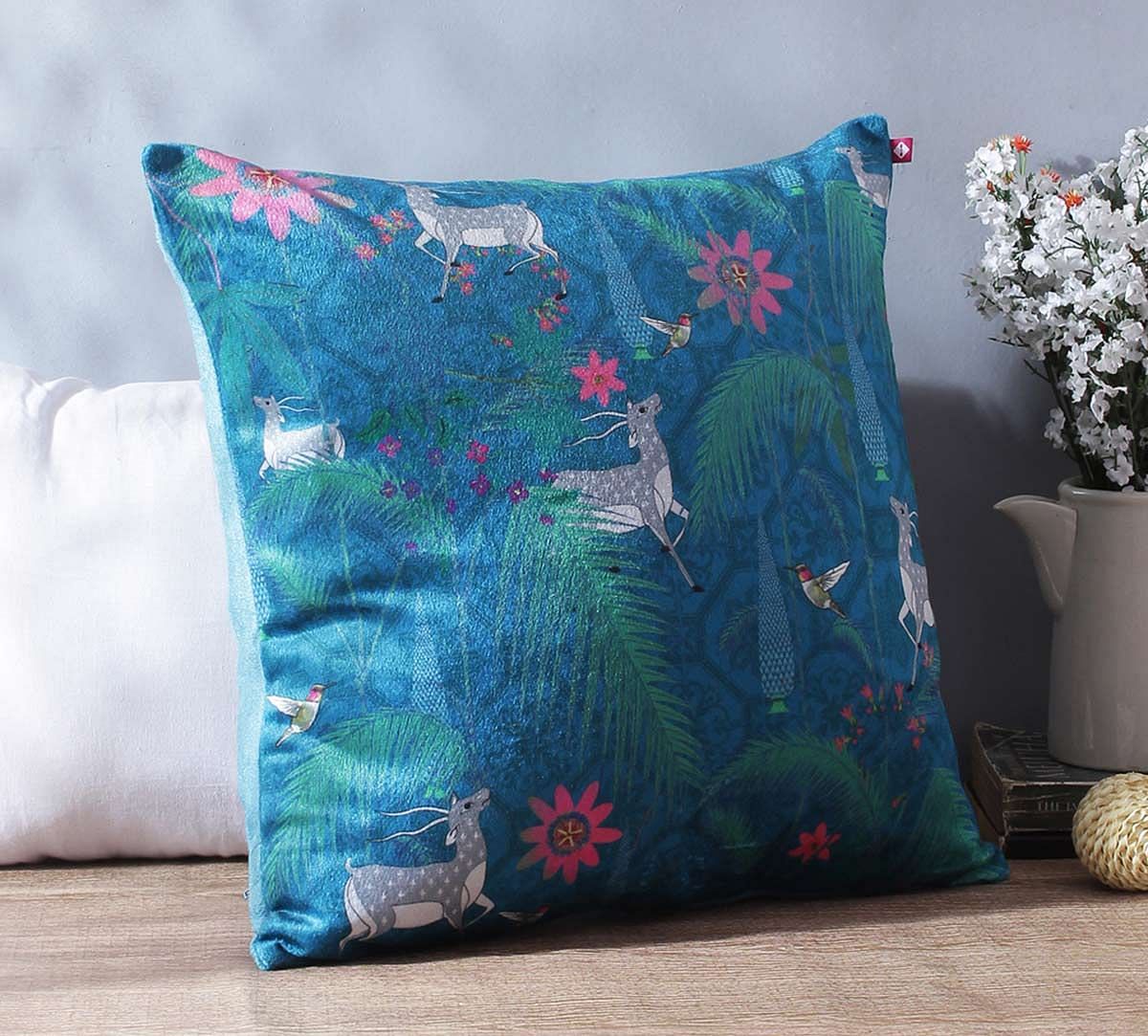 India Circus Teal Forest Fetish Blended Velvet Cushion Cover