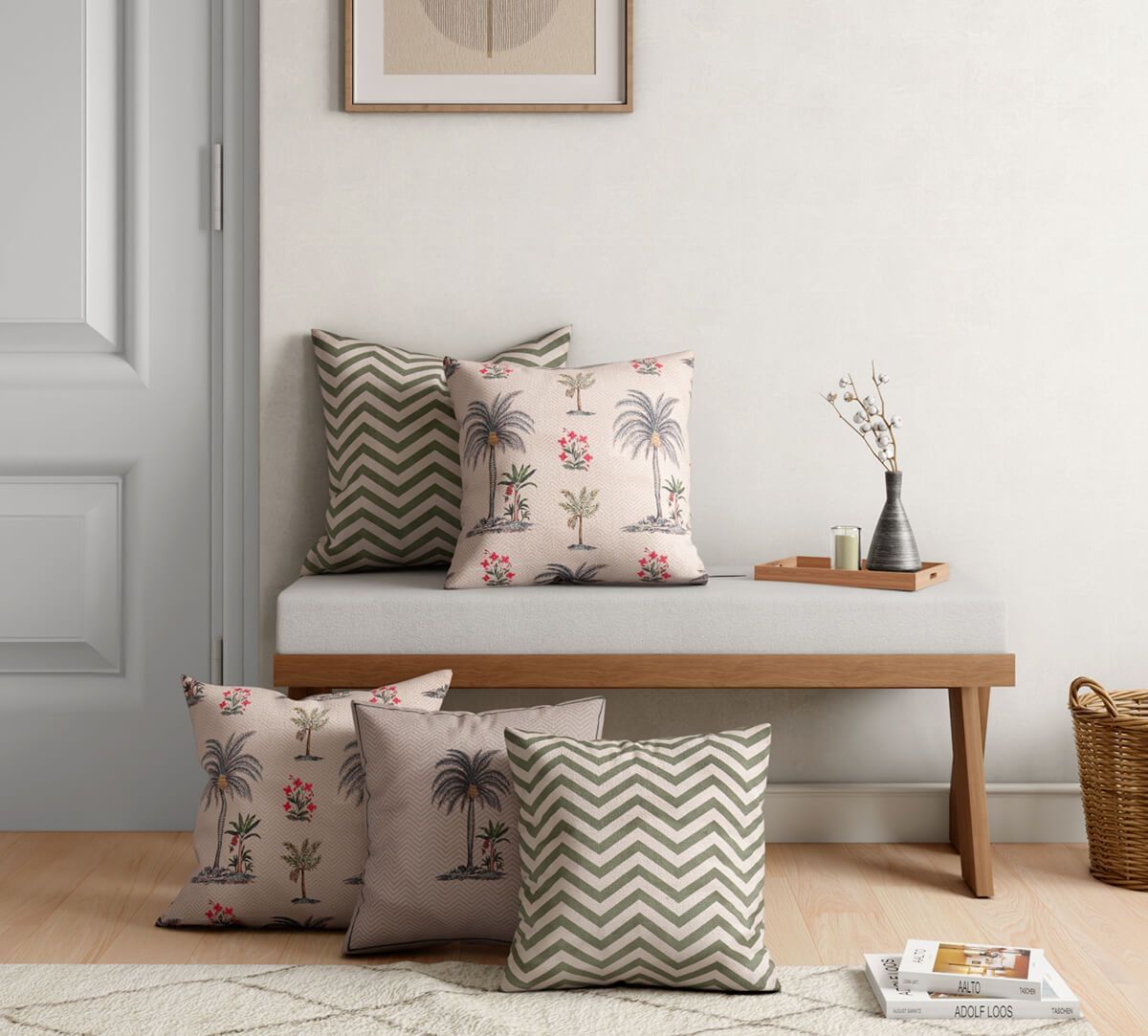 India Circus by Krsnaa Mehta Chevron Palms Blended Velvet Cushion Cover Set of 5
