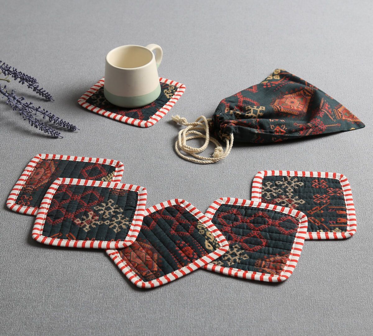 India Circus by Krsnaa Mehta Enchanting Mirage Quilted Coasters Set of 6 with Pouch