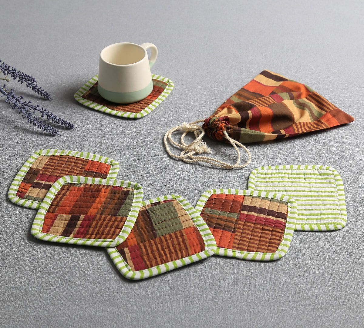 India Circus by Krsnaa Mehta Horizontal Hues Quilted Coasters Set of 6 with Pouch