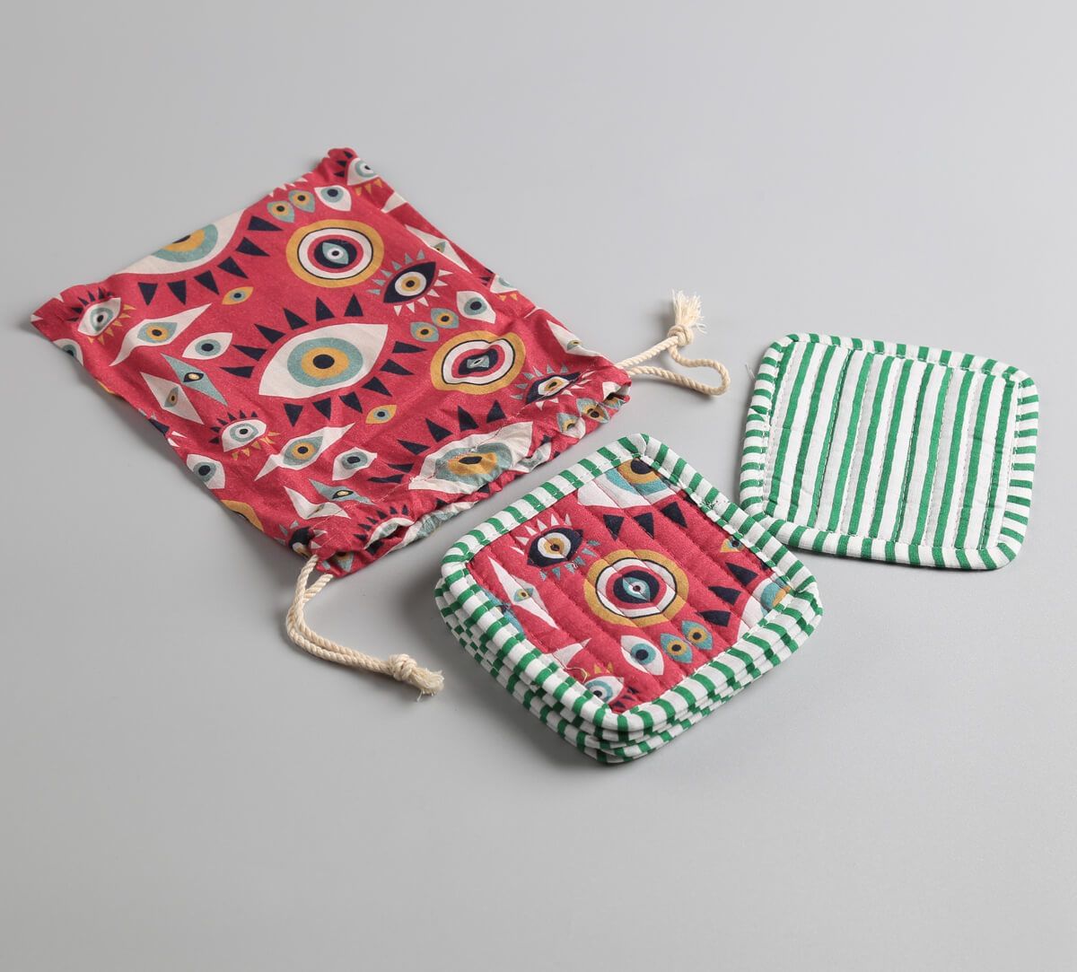 India Circus by Krsnaa Mehta Malocchio Stare Quilted Coasters Set of 6 with Pouch