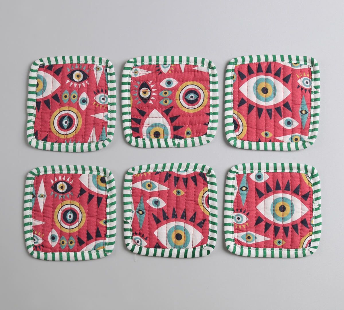 India Circus by Krsnaa Mehta Malocchio Stare Quilted Coasters Set of 6 with Pouch