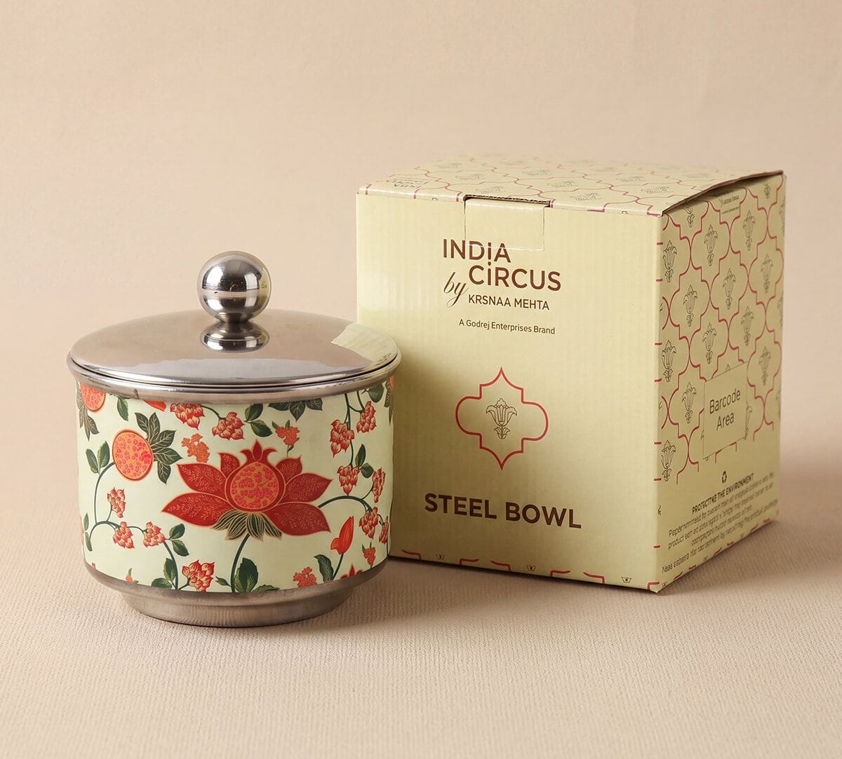 India Circus by Krsnaa Mehta Blushed Orchard Steel Bowl with Lid