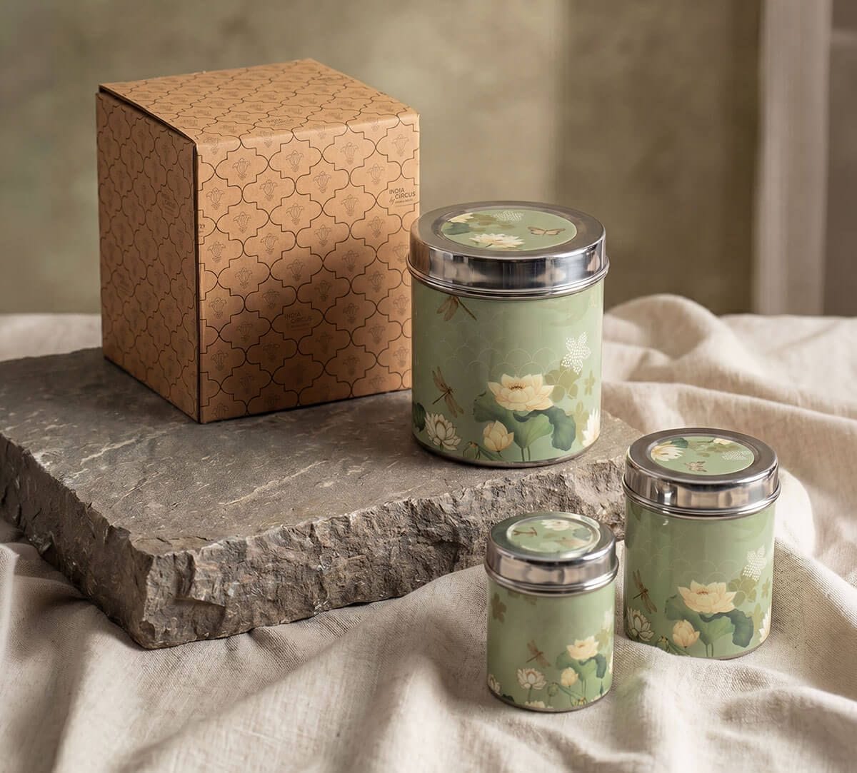 India Circus by Krsnaa Mehta Sage Serenity Steel Containers Set of 3