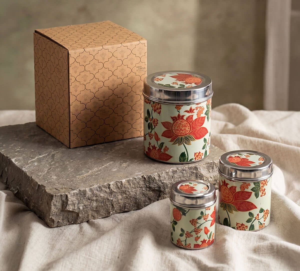 India Circus by Krsnaa Mehta Blushed Orchard Steel Containers Set of 3