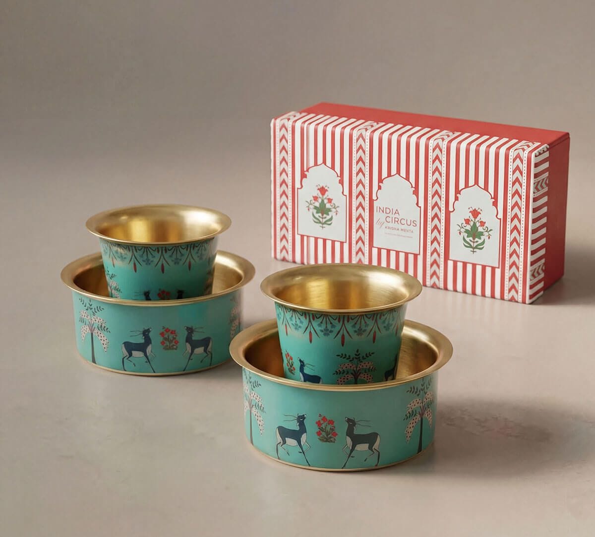 India Circus by Krsnaa Mehta Mirroring Deer Garden Brass Coffee Tumbler Set of 2