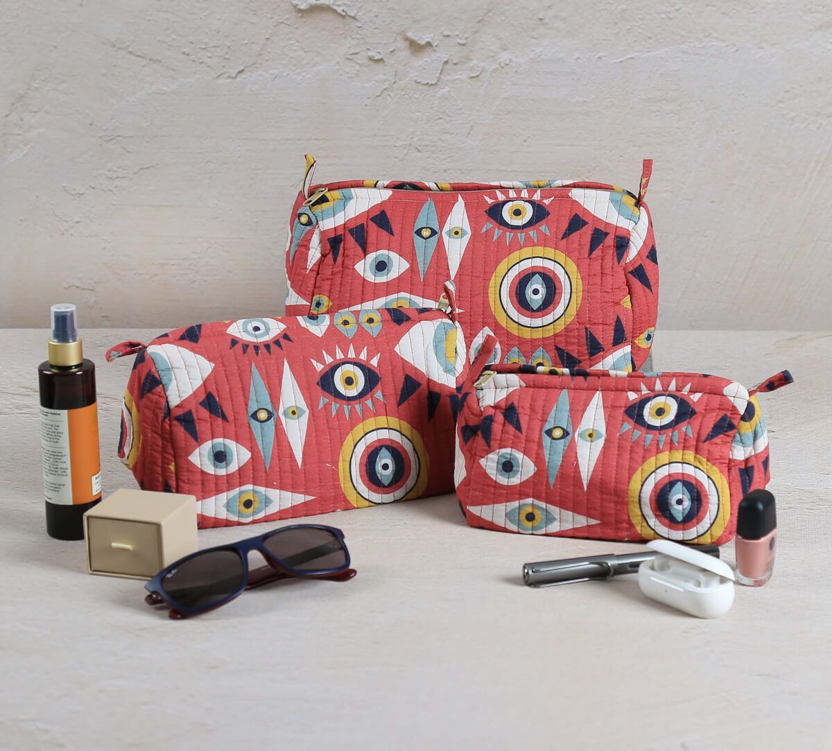 India Circus by Krsnaa Mehta Malocchio Stare Quilted Utility Pouch Set of 3