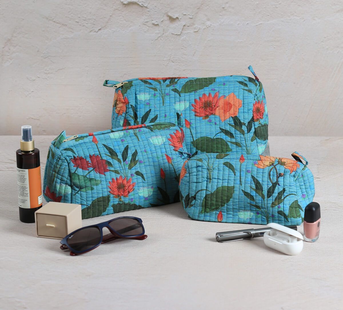 India Circus by Krsnaa Mehta Blossomy Mosaic Quilted Utility Pouch Set of 3