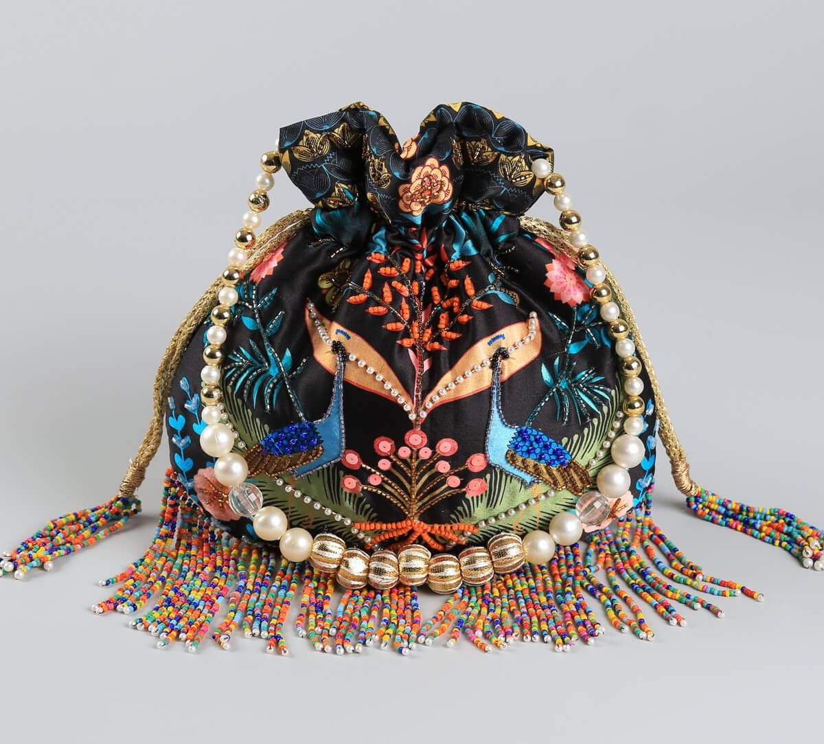 India Circus by Krsnaa Mehta Peacock Heavenly Kingdom Embroided Potli Bag