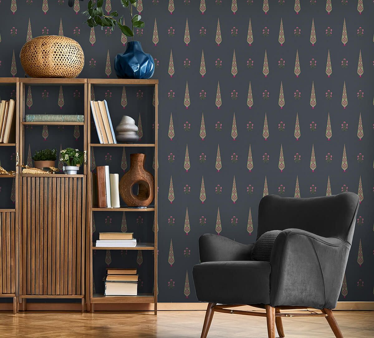 India Circus by Krsnaa Mehta Poppy Conifer Indigo Wallpaper