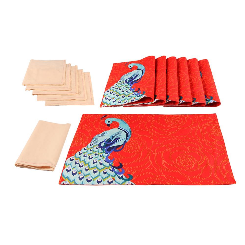 Floral Peacock Dance Table Mat and Napkin(Set of 6)