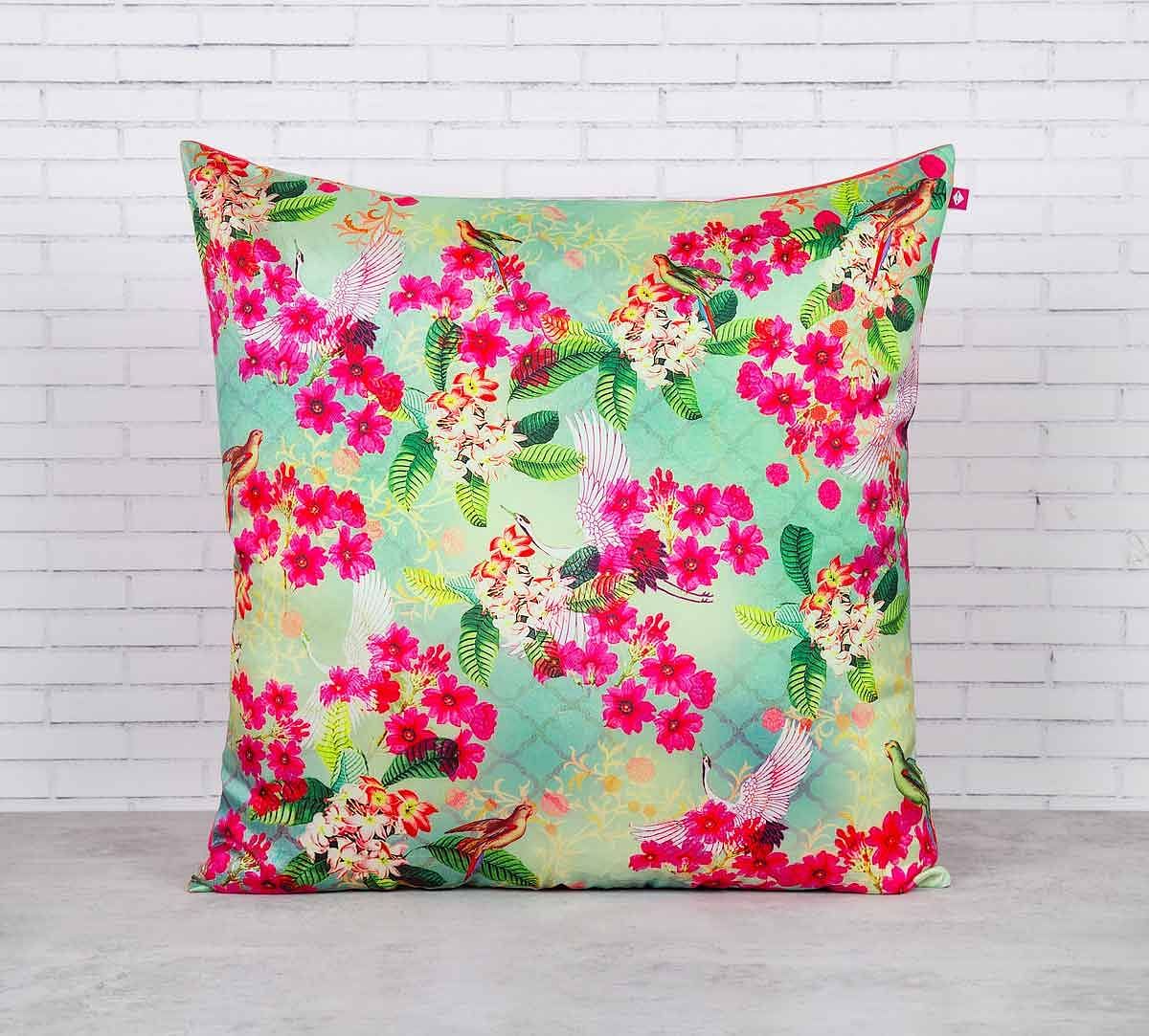 India Circus Birds Floral Paradise Blended Taf Silk Cushion Cover