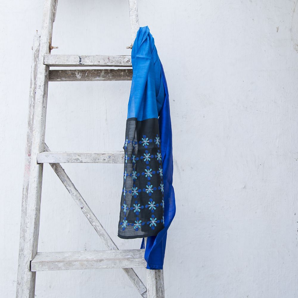 Blue Black Embroidered Silk Stole