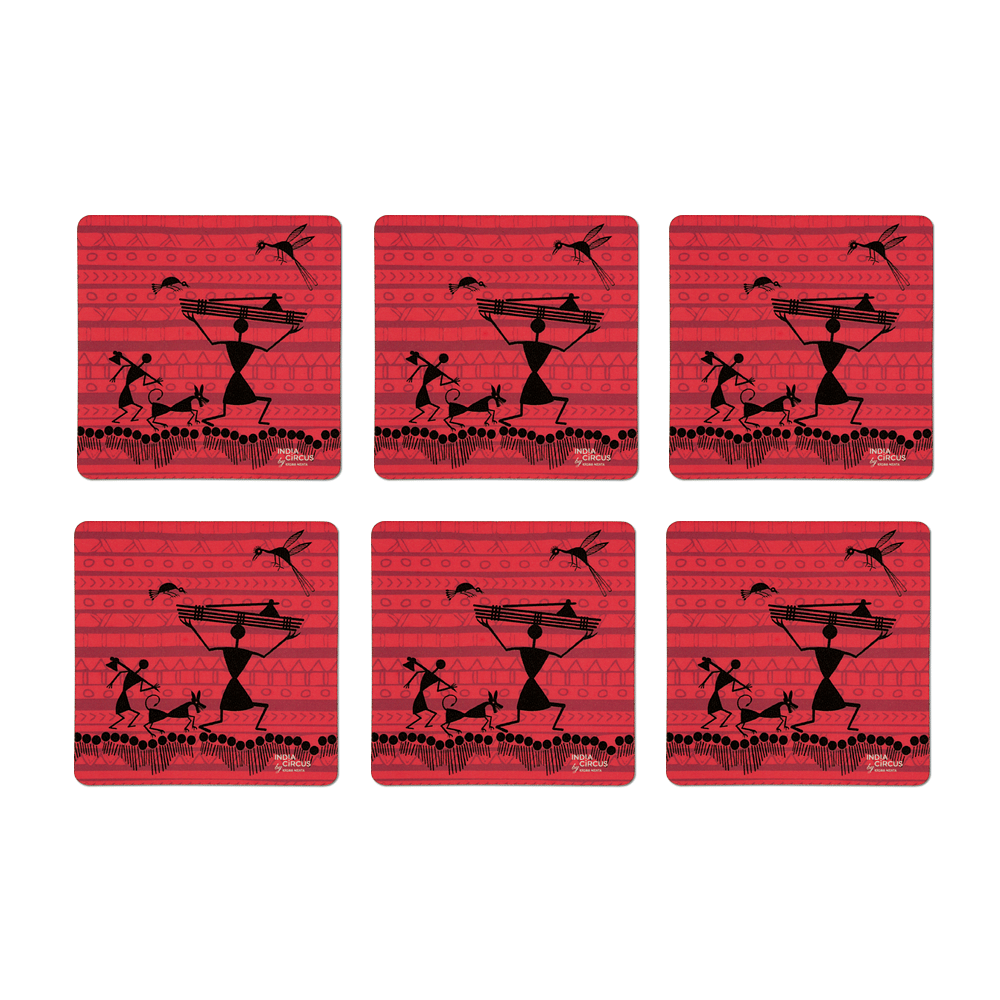 Funky Warli Rubber Coasters - (Set of 6)