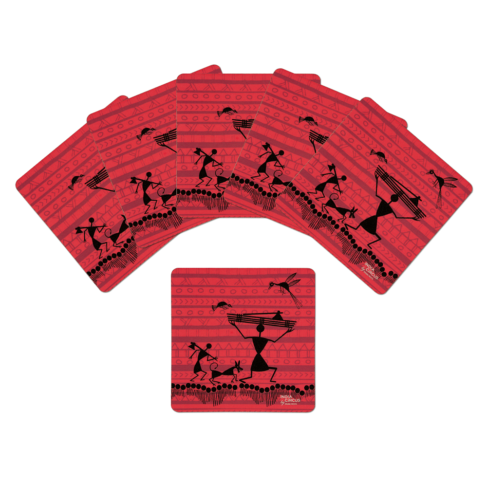 Funky Warli Rubber Coasters - (Set of 6)